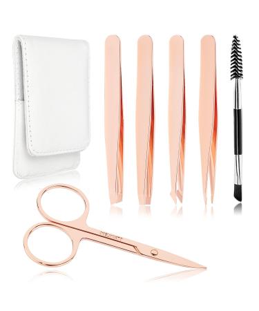 Precision Eyebrow Tweezers Set Pack of 6 for Women Ingrown Facial Hair Removal Pointed Rose Gold Tweezers Scissors Brush Kit for Splinter with Leather Case Gift