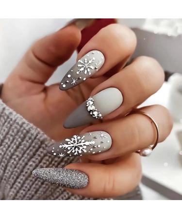 SINLOV Christmas Snowflakes Almond False Nails French Crystal Fake Nails Matte Press on Nails Ballerina Acrylic Full Cover Fake Nails for Women and Girls