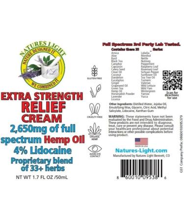 Nature's Light Extra Strength Relief Cream - 2 650mg Hemp Oil & 4% Lidocaine - 33 Herbal Ingredients for Skin Tone | International Shipping - Buy Online on GoSupps.com