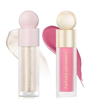 Jutqut Cream Liquid Highlighter & Liquid Blush Set Natural Matte Face Blush Natural Glossy Liquid Illuminator for Face and Body Lightweight Blendable Silky Smooth Texture Cruelty-free Highlighter #1 +Blush #2