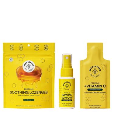 Beekeeper's Naturals Immune Support Kit | Propolis Throat Spray - Honey Cough Drops - Vitamin C Liposomal | Effective & Natural Sore Throat Relief 3 Piece Set