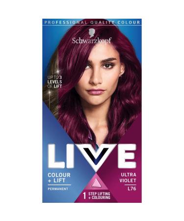 Schwarzkopf LIVE Colour + Lift Long-Lasting Permanent Purple Hair Dye Lightens Up To 3 Levels Ultra Violet L76 Permanent Ultra Violet