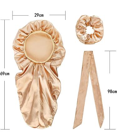 Satin Sleep Cap for Long Hair with Hair Tie and Headband - Extra Large Bonnet for Braids, Dreadlocks, Curly Hair | Champagne Color - Buy Online on GoSupps.com