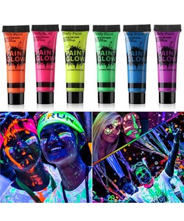 Amareu Glow in Dark Body Paint Body&Face Glow Backlight Neon Fluorescent 0.34oz Set of 6 Tubes