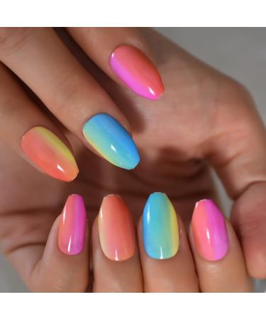 Buy Shiny Colorful Press On Nails | Ombr Rainbow Fake Nails Set - 24pcs Medium Size - Buy Online on GoSupps.com