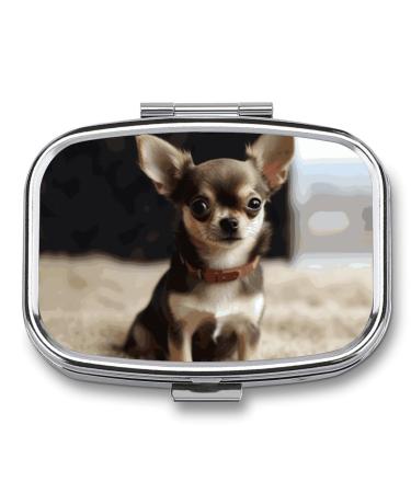Cute Chihuahua Square Pill Box Travel Portable Pill Case 2 Compartment Medicine Metal Tablet Vitamin Holder Organizer for Purse Pocket