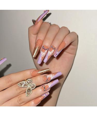 JUSTOTRY 24 Pcs Butterfly Fake Nails Long Purple French Press on Nails Patterns Pretty Diamante Ballerina Stick on Nails for Women Acrylic Coffin False Nails Medium with Glue for Nail Art Butterfly & Purple