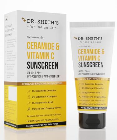 Dr. Sheth's Ceramide & Vitamin C Sunscreen SPF 50+ PA+++ | One Step Routine for Summer | For Women & Men | UVA UVB Sun Protection | 1.76 Oz / 50g