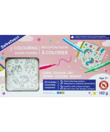 Sweetness Colouring Sugar Cookie Kit (Unicorns) | 3 Delicious Sugar Cookies & 3 Food Colouring Markers | Prep Mess and Chaos Free Cookie Decorating | 102g per kit 3 Cookies 3 Markers Unicorn Theme - Buy Online on GoSupps.com