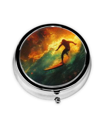 Wave Surfing Portable Metal Pill Box Round Mini 3-Compartment Plastic Insert hinged Fastening Design Suitable for Small Pills Must-Have for Travel
