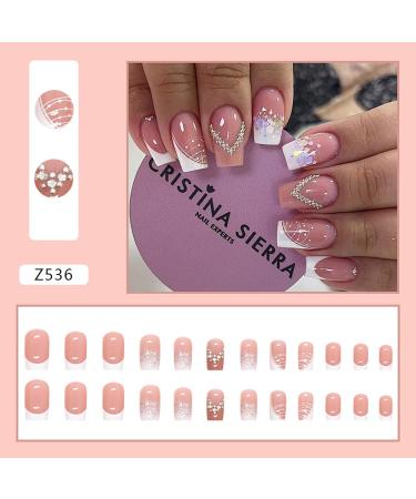24Pcs French Tip Short Square Nude Pink Press on Nails with Glitter and Rhinestones - Full Cover False Nail Set for Women and Girls - Buy Online on GoSupps.com