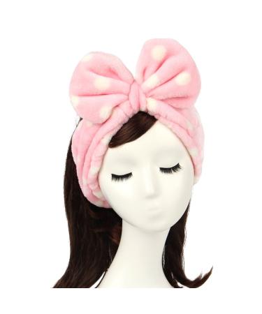 Shintop Women Fashion Lovely Soft Carol Fleece Bowknot Bow Makeup Cosmetic Shower Elastic Hair Band Hairlace Headband (pink polka dots)