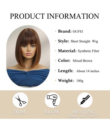 OUFEI Brown mixed Auburn Bob Wig With Bangs Short Straight Wig For Women Synthetic Hair Wigs for Daily Party Cosplay Wear Brown mixed Auburn(9059-2) - Buy Online on GoSupps.com