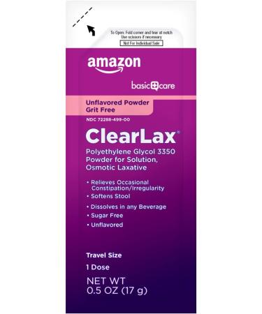 Amazon Basic Care ClearLax Polyethylene Glycol 3350 Powder for Solution, Osmotic Laxative, Softens Stool, Relieves Occasional Constipation, Unflavored, 0.5 Oz (Pack of 100) - Buy Online on GoSupps.com