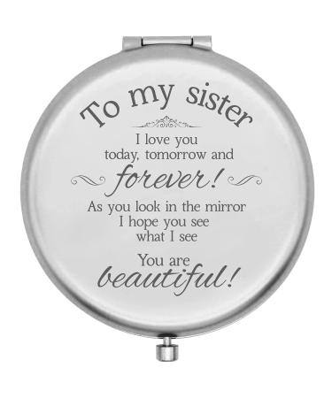 Simple Plus+ Sister Gifts from for silver Compact Mirror gifts brother bridesmaid wedding day 2.6 inch Round Folding Handheld 2-Sided Mirror 1x/2x Magnification Mirror. (01)