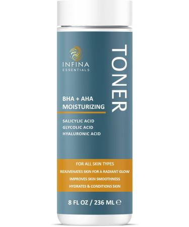 INFINA ESSENTIALS Toner for Face Big 8 fl oz - Revitalizing Facial Toner with Salicylic Acid Glycolic Acid & Natural Extracts - Optimal Formula for Clear Smooth & Glowing Face (Packaging May Vary)