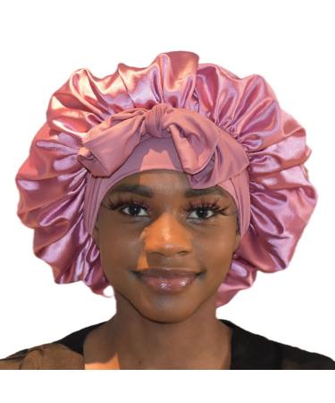 BONNET QUEEN Satin Bonnets Silk Bonnet for Sleeping Large Hair Bonnets for Sleeping Night Sleep Cap for Women Curly Hair with Stretchy Tie Band Rose Gold