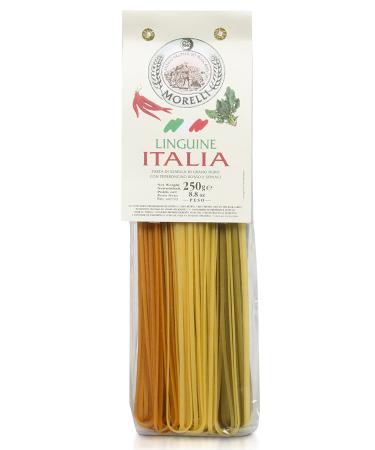 Morelli Linguine Pasta - Rainbow Pasta Noodles with Wheat Germ, Spinach & Red Chili - Gourmet, Flavored, Tri Colored Pasta, Imported Artisanal Italian Pasta Made in Italy (8.8 Ounce) 8.8 Ounce (Pack of 1)