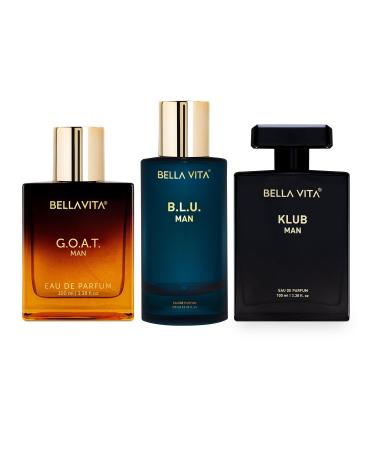 Bloom Beauty Bella Vita Luxury Best of Men Perfumes Combo Pack of 3 Premium Long Lasting Edp Fragrance Scents - G.O.A.T B.L.U Klub 100 Ml Each Wood Liquid