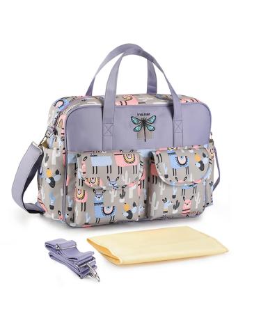 Kamay's Multifunctional Waterproof Mummy Shoulder Diaper Bag Chic Nappy Changing Bag Tote/Messenger Style Large Lightweight High-density Glossy Nylon Fabric with Changing Mat (Lavender Alpaca)