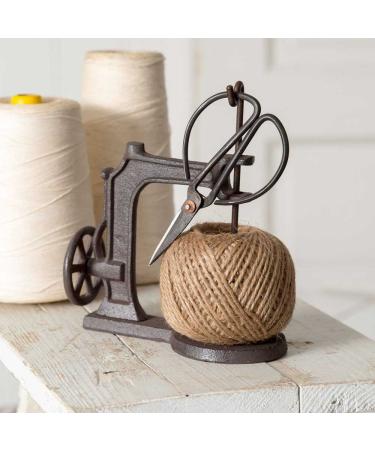 YukaBa 520057 Sewing Machine Jute Twine Ball String and Scissors Holder Set, Vintage Inspired Rustic Farmhouse Style, Gift for Sewer Sewist Crafter, Cast Iron Metal, Brown, 3 Piece Set