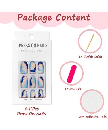 24Pcs Short French Almond False Nails - Blue Wave Press On Acrylic Full Cover Stick On Nails for Women - Oval Glossy Fake Nails with Glue Stickers - DIY Manicure - Buy Online on GoSupps.com