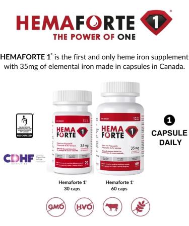 HEMAFORTE 35 mg Heme Iron Supplement - Highest Dose of Iron Supplement - One Capsule Daily for treating & preventing Iron Deficiency Anemia - 30 Capsules. - Buy Online on GoSupps.com