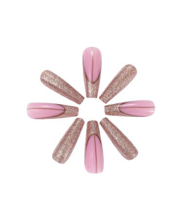 Brishow Long Gold Glitter Press-On Nails - 24 Ballerina Acrylic Pink False Nails for Women & Girls | Premium Quality Artificial Nails - Buy Online on GoSupps.com