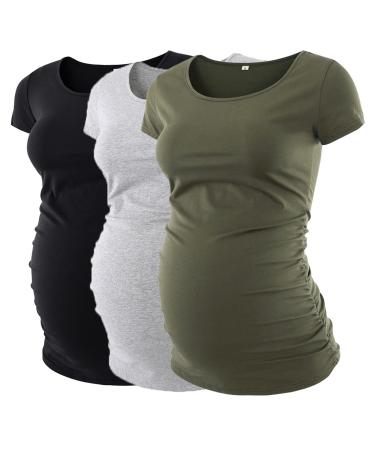 Love2Mi 3PCS Maternity Shirt Short Sleeves Maternity Wear T-Shirt Casual Maternity Tops M Black + Gray + Army Green
