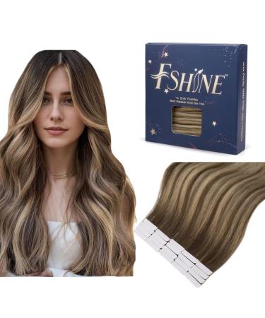 FSHINE TAPE In Remy Hair Extensions Real Hair Huma Hair 50cm Dark Brown Fading to Caramel Blonde With Dark Brown Balayage Remy Double SIDED 20 PCS 50 Gram Invisible Adhesive Hair #4/23/4 50cm