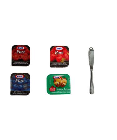 Condiment bundle with stainless steel spreader knife 15 Kraft peanut butter packets 10 Kraft strawberry jam packets 10 Kraft raspberry packets 10 Kraft blueberry packets - Perfect for on-the-go snacking and meal prep. Total of 45 portion packets.