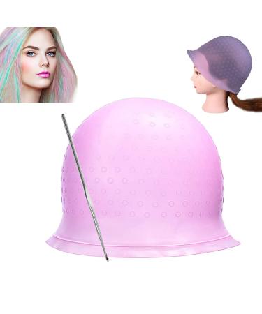 Reusable Silicone Hair Highlighting Cap - Salon Hair Dye Cap & Metal Hook Matting Tipping Hair Styling Tools(Purple) Pink