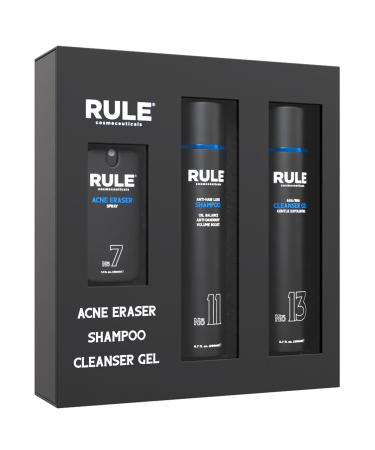 Rule Cosmeceuticals - Men's Face & Hair Kit No.7 Body Acne Spray No.11 Anti Hair Loss Shampoo & No.13 Gel Cleanser Hair Care and Skin Care Set