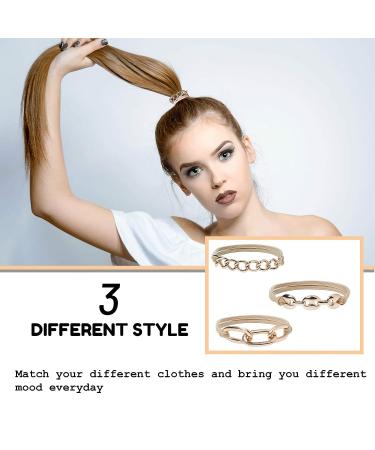Gold Bracelet Hair Ties with Beige Khaki Elastic - Set of 3 | 2-in-1 Fashion Accessory for Women & Girls - Wear as Hair Tie or Wrist Bracelet - Buy Online on GoSupps.com