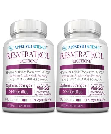 Approved Science Resveratrol - 1000 mg of Trans Resveratrol - 250 mg of Polyphenol - 98% Purity Level - Includes Bioperine - 380 Vegan Friendly Capsules - 2 Bottles 180 Count (Pack of 2)