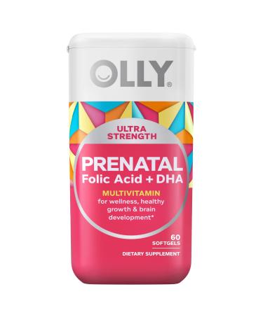 OLLY Ultra Strength Prenatal Multivitamin Softgels, Supports Healthy Growth, Brain Development, Iron, Folic Acid, Choline, DHA, Vitamins C, E, 30 Day Supply-60 Count (Packaging May Vary) 60 Count (Pack of 1) Softgels