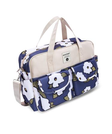 SONARIN Large Capacity Baby Nappy Changing Tote Bag Multi-Function Waterproof Baby Changing Bag Satchel Messenger Bag Travel Diaper Bag with Shoulder Strap & Changing Mat(Blue White Flowers)