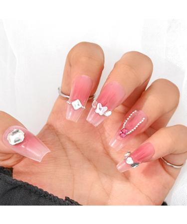 Sethexy Long Coffin False Nails - Handmade Color Gradient with 3D Crystal Love Heart Chains | International Shipping - Buy Online on GoSupps.com