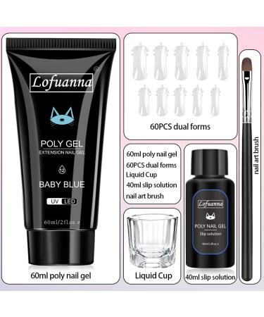 Lofuanna Poly Nail Gel Set - 60ml Blue Nail Extension Gel Kit | All-in-One with Slip Solution Nail Forms Brush & Glass Cup | Perfect for Beginners - Nail Art Design - Buy Online on GoSupps.com