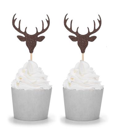 Set of 24 Brown Glitter Antler Cupcake Toppers Kid's Party Baby Shower Wedding Decorations