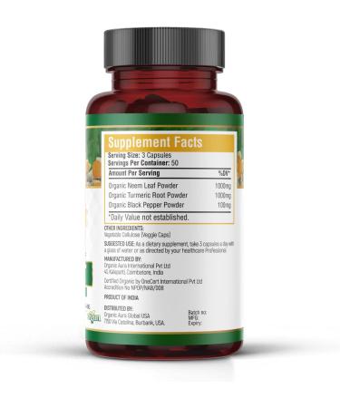 Neem Turmeric Capsules (150 Veg) - Organic Whole Green Superfood for Max Strength. Non GMO, Gluten Free - Buy Online on GoSupps.com