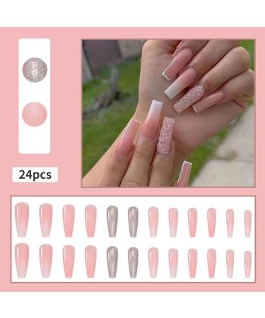 RUNRAYAY Pink French Press on Nails with Sequins Design - Gradient Fake Nails for Women | Acrylic Full Cover Coffin Spring Summer - Buy Online on GoSupps.com