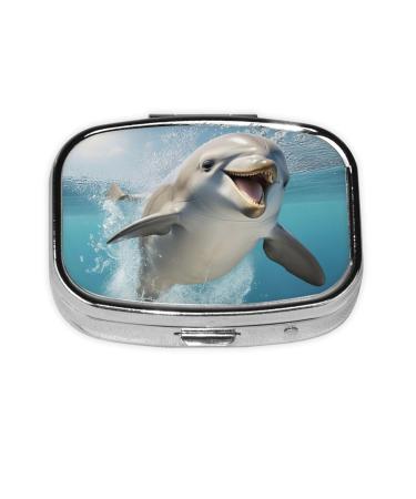 Funny Animal Dolphin Print Metal Iron Plating Square Mini Pill Box Portable Pill Box for Home Traveling Purse