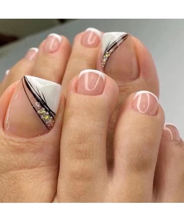 SINLOV Pink Square Fake Toenails Shiny Crystal Print on False Toe Nails Short Full Cover False Artificial Toenails Nails for Women and Girls