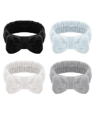 Heyu-Lotus 4 pieces Spa Bowknot hair bands coral fleece makeup Bow headband elastic cosmetic headband to wash the face shower yoga sport skin care (black white gray blue)
