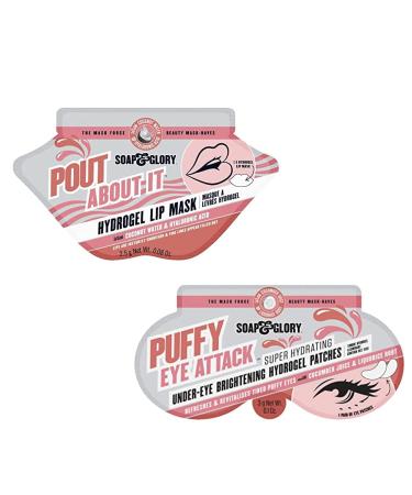 Soap & Glory Mask Duo - Pout About It Hydrogel Lip Mask (2.5g) - Puffy Eye Attack Brightening Under Eye Mask - (1 Count) - 2 Products