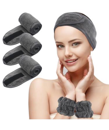 Kinhwa cosmetics headband terry with 2 SPA bracelets hair protection tape with Velcro fastener for cosmetic treatments hair protection for make -up washable (3 pack dark gray) dark gray set 1 piece (5 Pack)