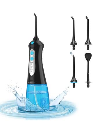 TUREWELL Water Flosser Cordless Oral Irrigator for Teeth Cleaner with Powerful Battery 3 Modes and 4 Jet Tips IPX7 Waterproof 300ML Detachable Water Tank for Home and Travel Black