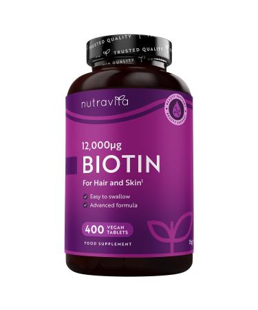 Biotin Hair Growth Supplement 12 000mcg 400 Vegan Tablets (13+ Month Supply) High Strength Vitamin B7 12000UG - Supports Skin & Hair Growth High Absorption Biotin Pills for Women & Men Nutravita