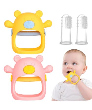 Fu Store Bear Anti-Dropping Silicone Baby Teething Toy Infants Baby Chew Toys for Sucking Needs  Hand Pacifier for Breast Feeding Babies for New Born (1 Yellow  1 Pink & 2 Finger Toothbrushes) Yellow + Pink